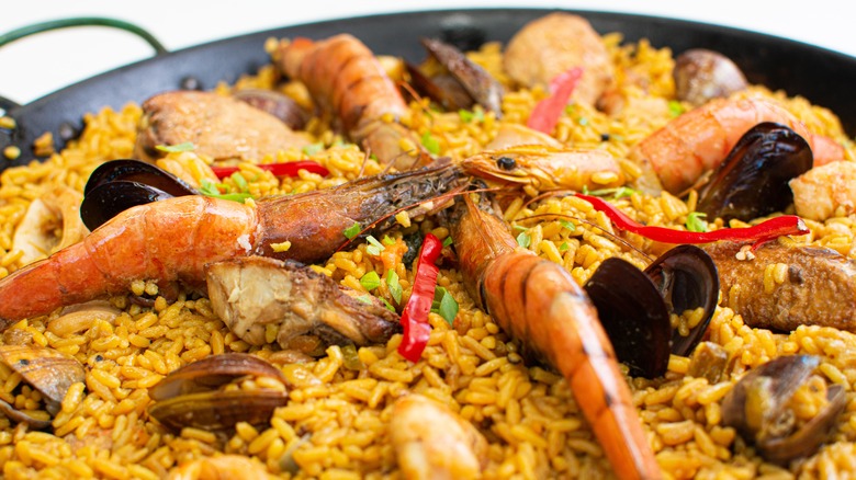 closeup of seafood paella