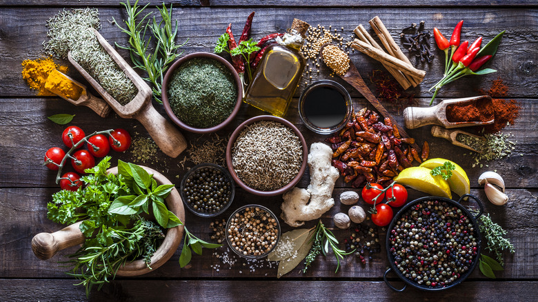 Spices on wooden table