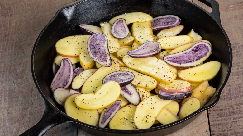 Fingerling potatoes in skillet