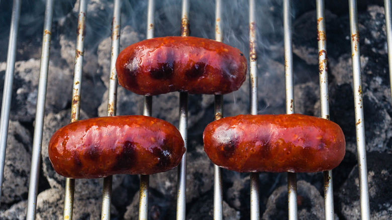 Chorizo sausages on a grill