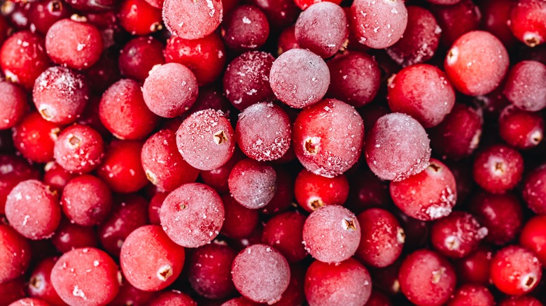 Group of frozen cranberries