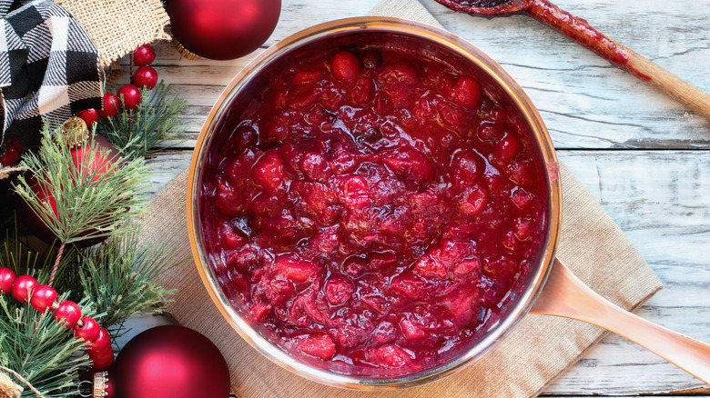 Stewed cranberries in a pot