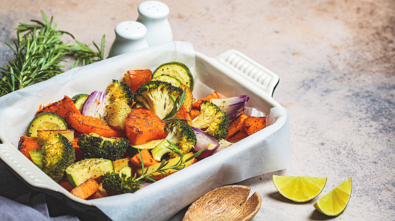 roasted vegetables in casserole dish