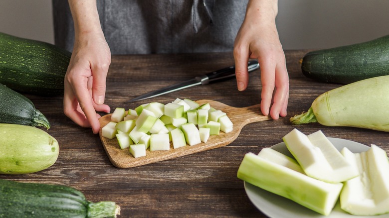 whole, sliced, and chopped zucchini