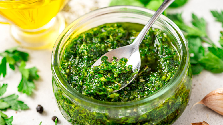 chimichurri with spoon