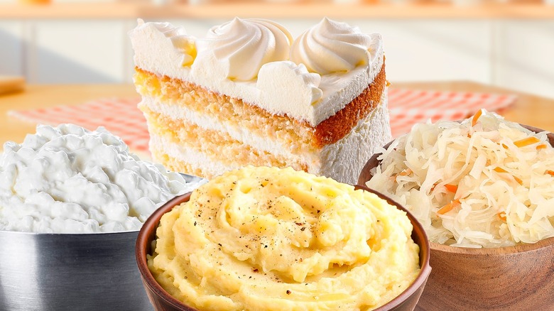 Cake with cottage cheese, mashed potatoes, and sauerkraut