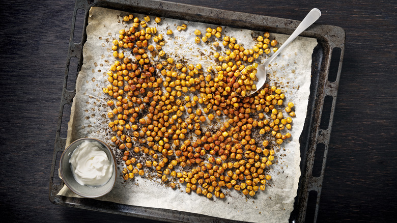 Roasted chickpeas on baking sheet