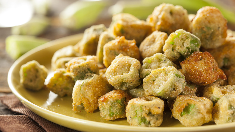 Fried okra on a yellow plate