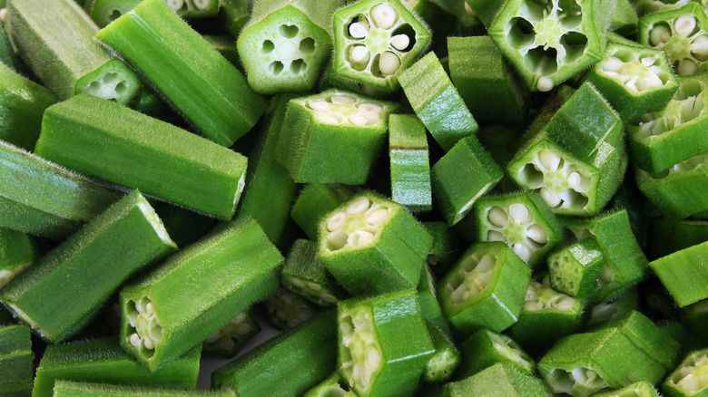 A close-up of fresh green chopped okra