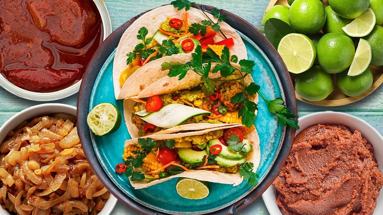 vegan tacos and assorted ingredients