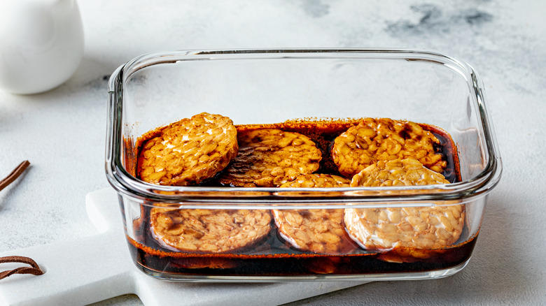 tempeh marinating in a dish