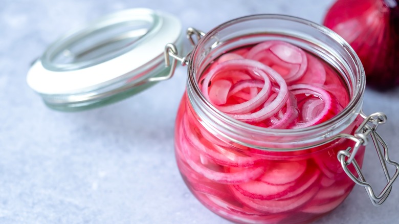 pickled red onions in jar