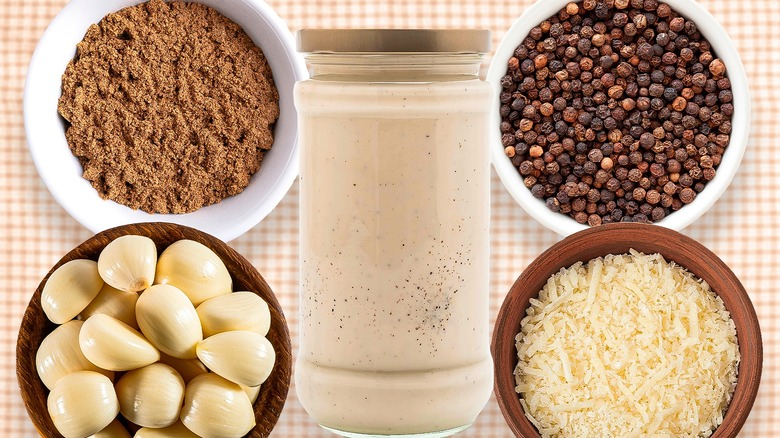 Alfredo sauce jar with ingredients