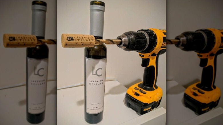 wine bottle cork in drill