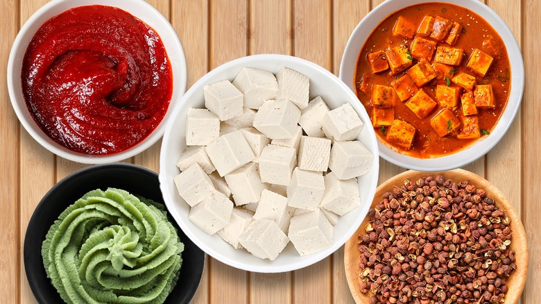 spicy sauces with cubed tofu