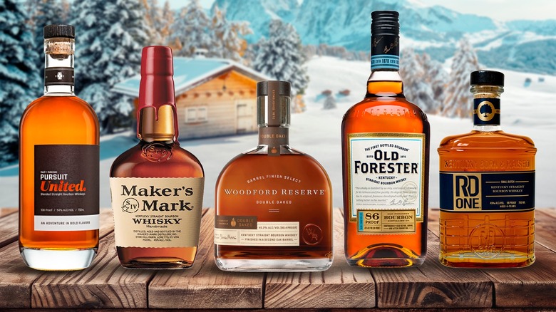 Several bottles of bourbon with snowy background