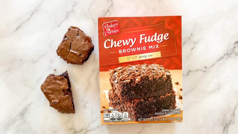 Baker's Corner chewy fudge brownie and boxed mix on marble board