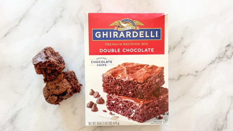 Ghirardelli double chocolate brownie and boxed mix on marble