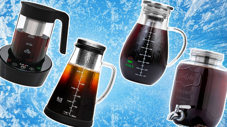 Four styles of cold brew coffee makers on blue background