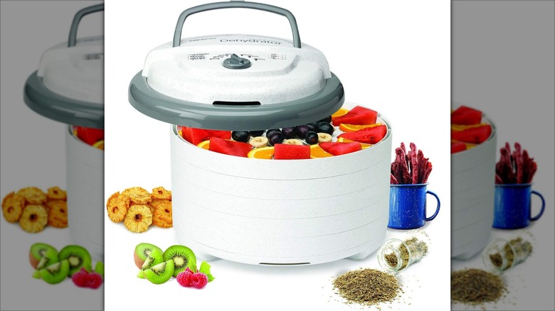 Nesco FD-75A Snackmaster Pro Food Dehydrator with fruit herbs and jerky