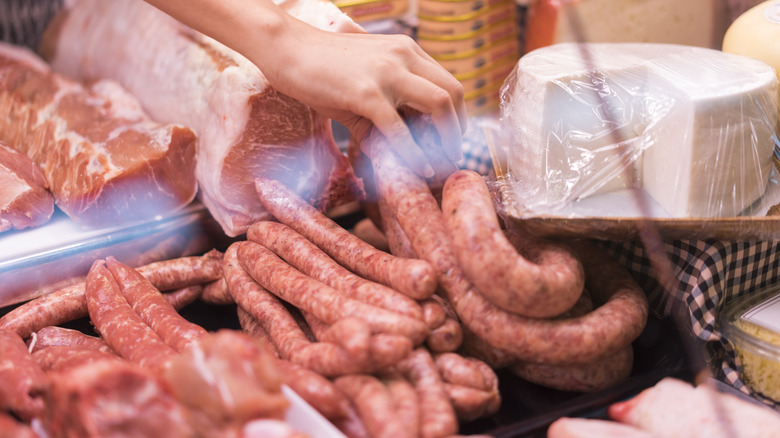 Butcher counter with meats