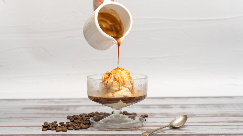 Coffee pouring on ice cream