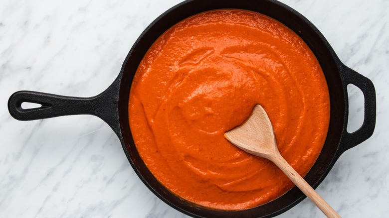 Roasted red pepper pasta sauce in skillet