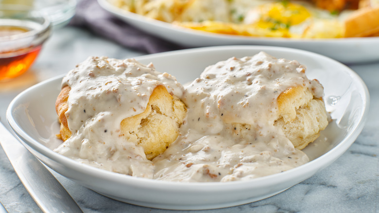 Biscuits covered in sausage gravy