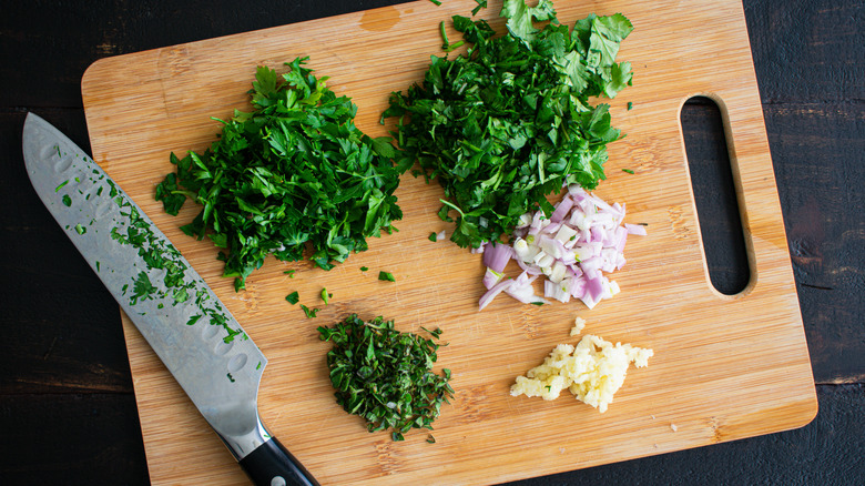 Chopped ingredients on cutting board
