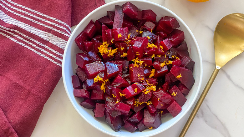 balsamic beets in white bowl