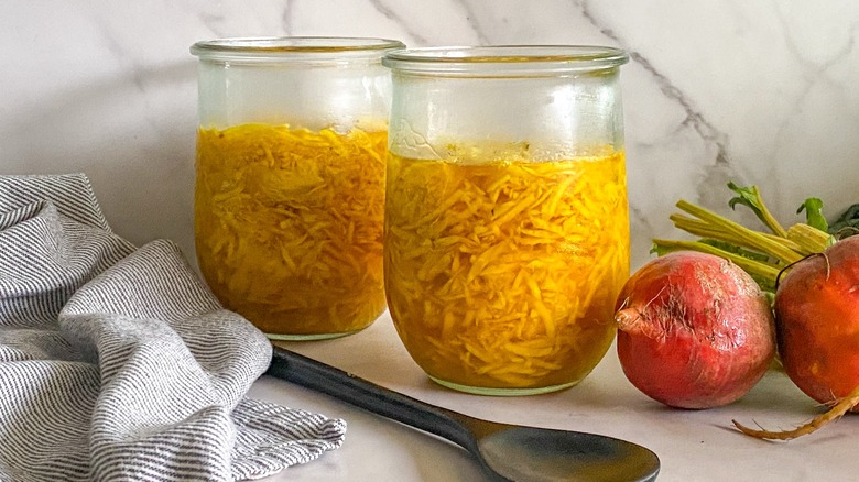 golden beet sauerkraut in jars