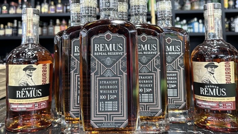 Bottles of Remus bourbons on bar