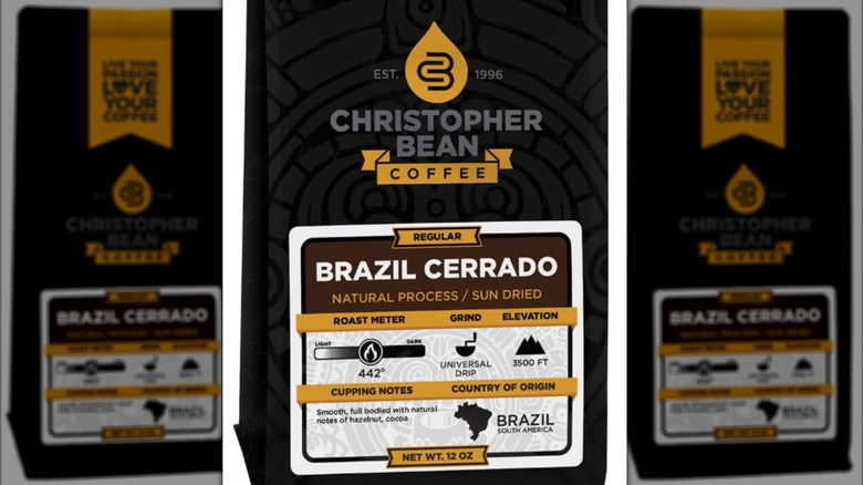 close up of black bag of Brazilian coffee from Christopher Bean