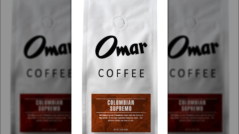 white bag of Colombian Supremo from Omar Coffee on white background