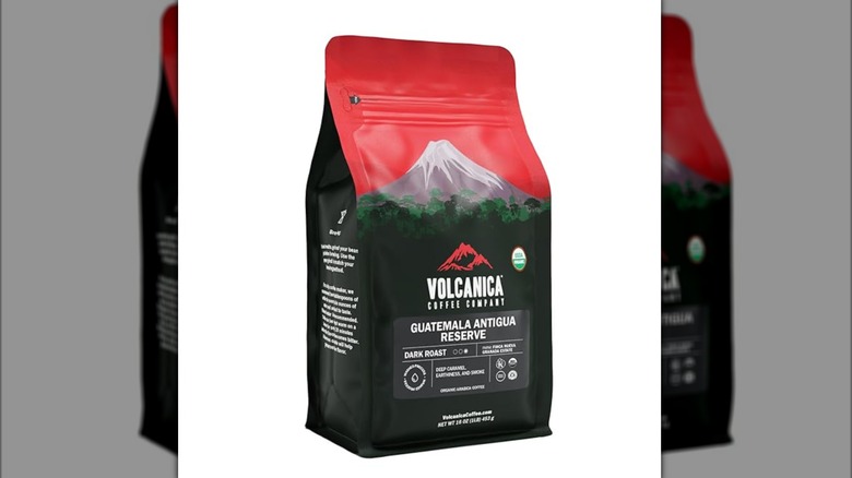 red and black bag of Volcanica's Guatemalan Antigua on white background