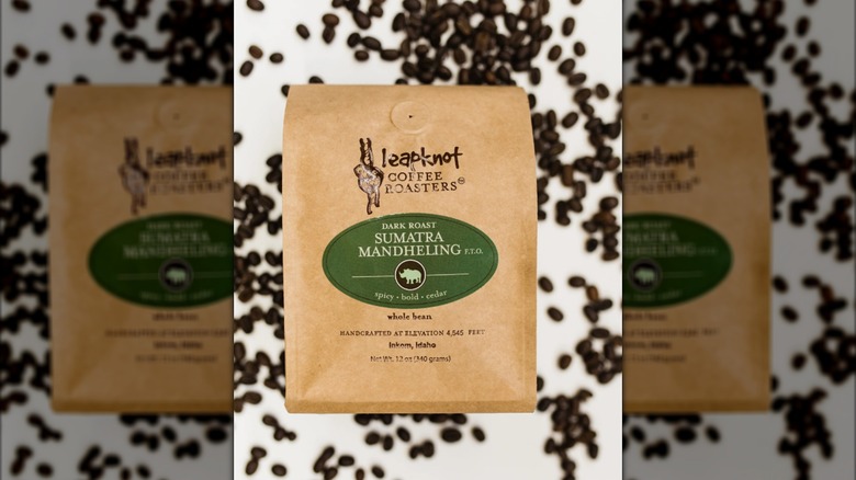 bag of Sumatra Mandheling from Leapknot Roasters on white background with coffee beans