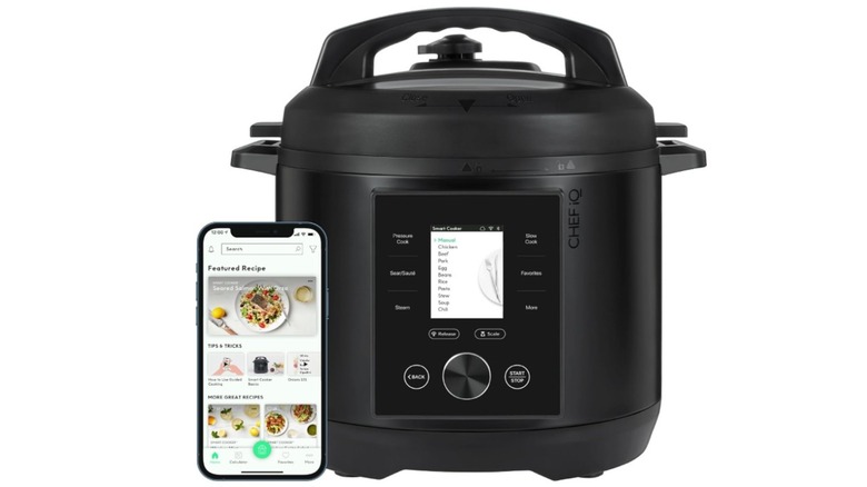 A Chef iQ Smart Pressure Cooker with its app opened on a phone