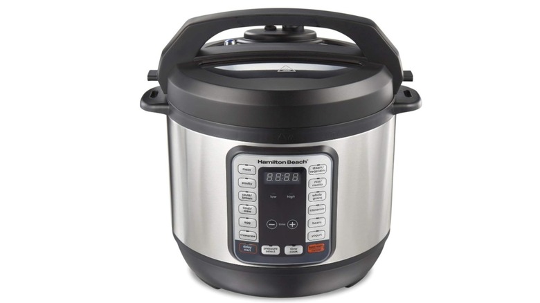 A Hamilton Beach pressure cooker on a white background