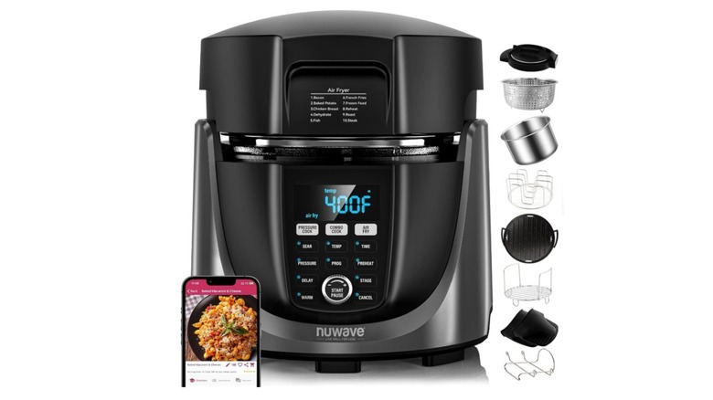 A Nuwave Duet Air Fryer, Electric Pressure Cooker, & Grill Combo on white background