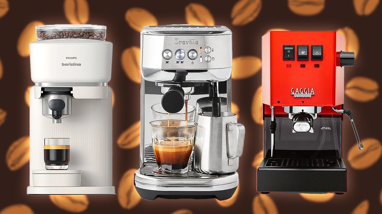 Images of a Phillips Baristina, Breville Bambino Plus, and Gaggia Classic against a background of coffee beans