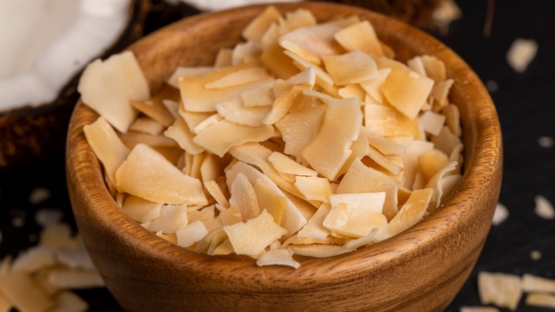 toasted coconut flakes in a bowl