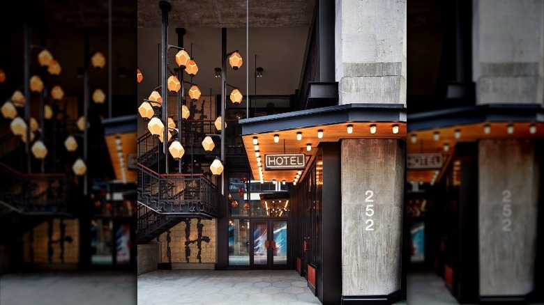 Hotel entrance with hanging lights