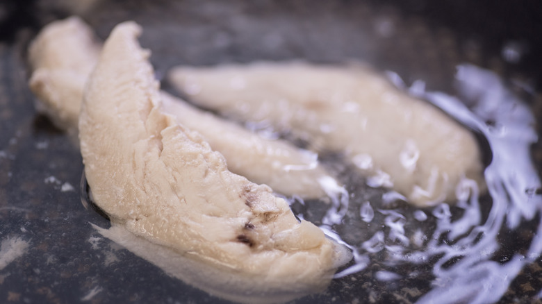 Chicken breasts poaching in water 