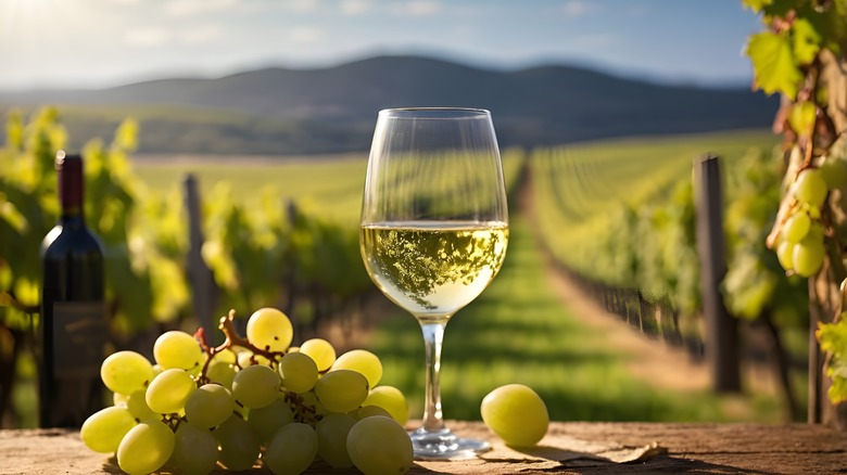 White wine glass in vineyard 