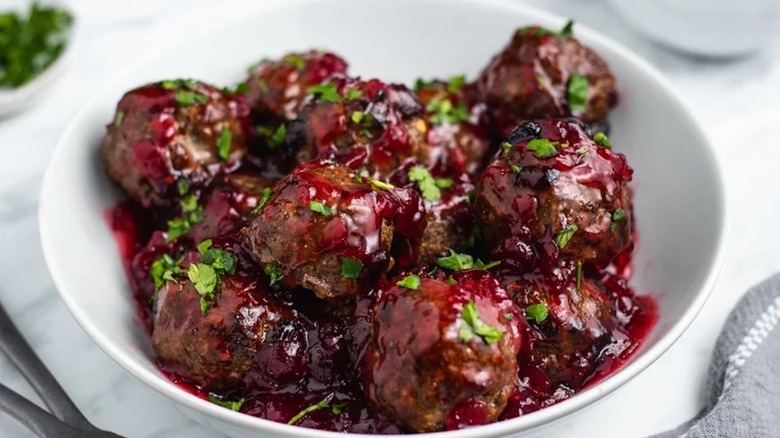 Bowl of cranberry meatballs