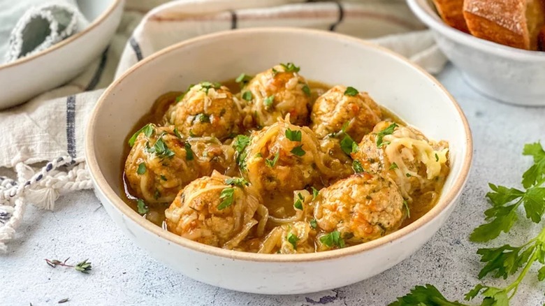 Bowl of meatballs with onion