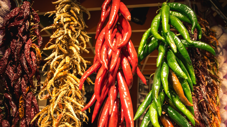 Chiles hanging from string