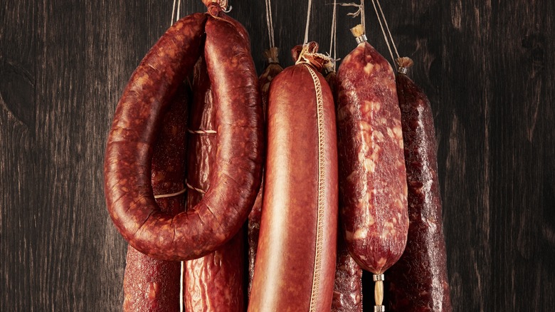 Various sausages hanging