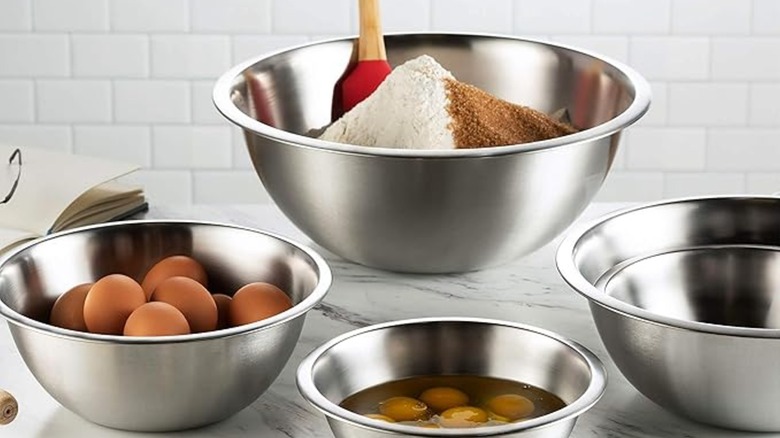 FineDine stainless steel mixing bowls on a counter