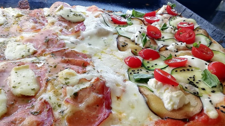 Close-up of a rectangular pizza